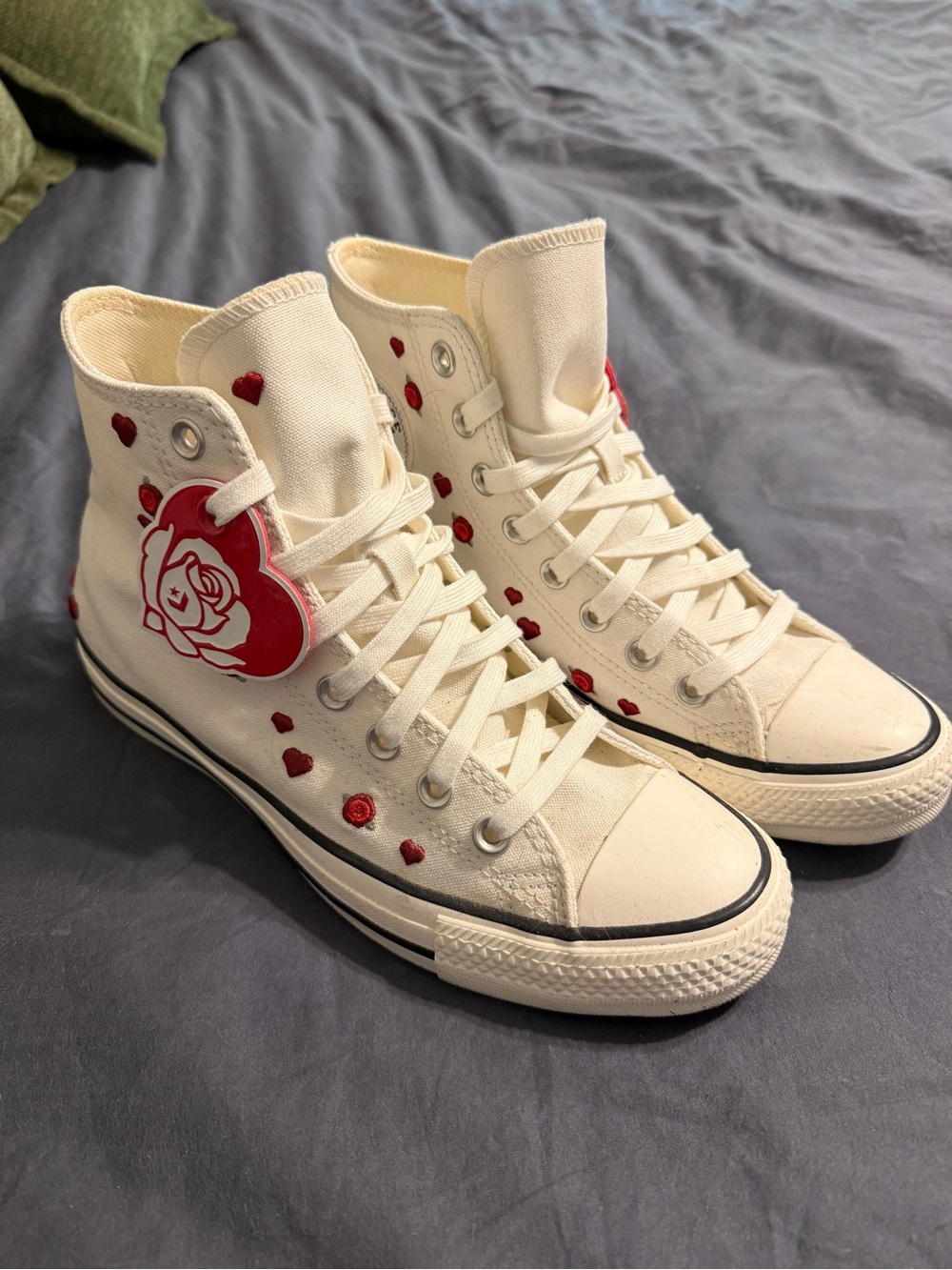 Converse White High Top Sneakers with Red Heart & Rose Accents